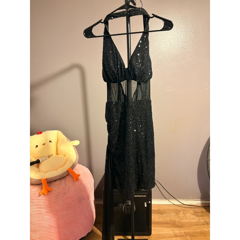 Miss Ord Black Sequin Halter Waist Cutout Built in Bra Dress Sz M